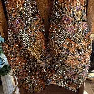 Embellished Brown Patterned Button-Down Vest